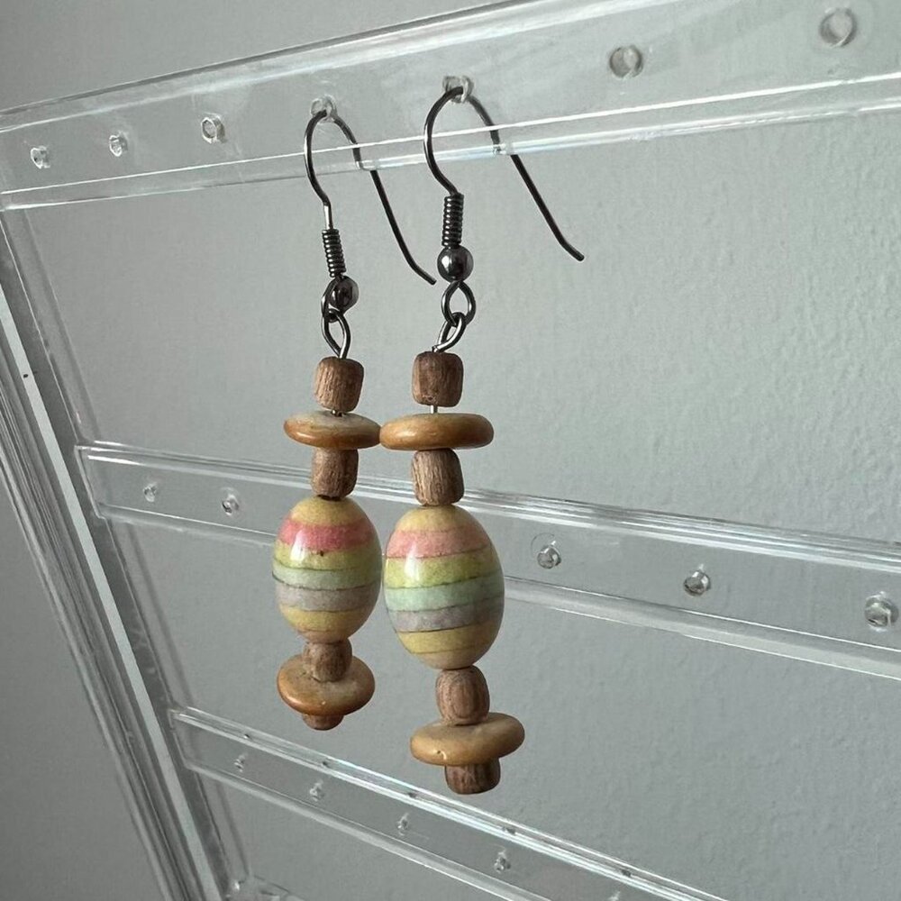 handmade pastel wooden bead dangly earrings